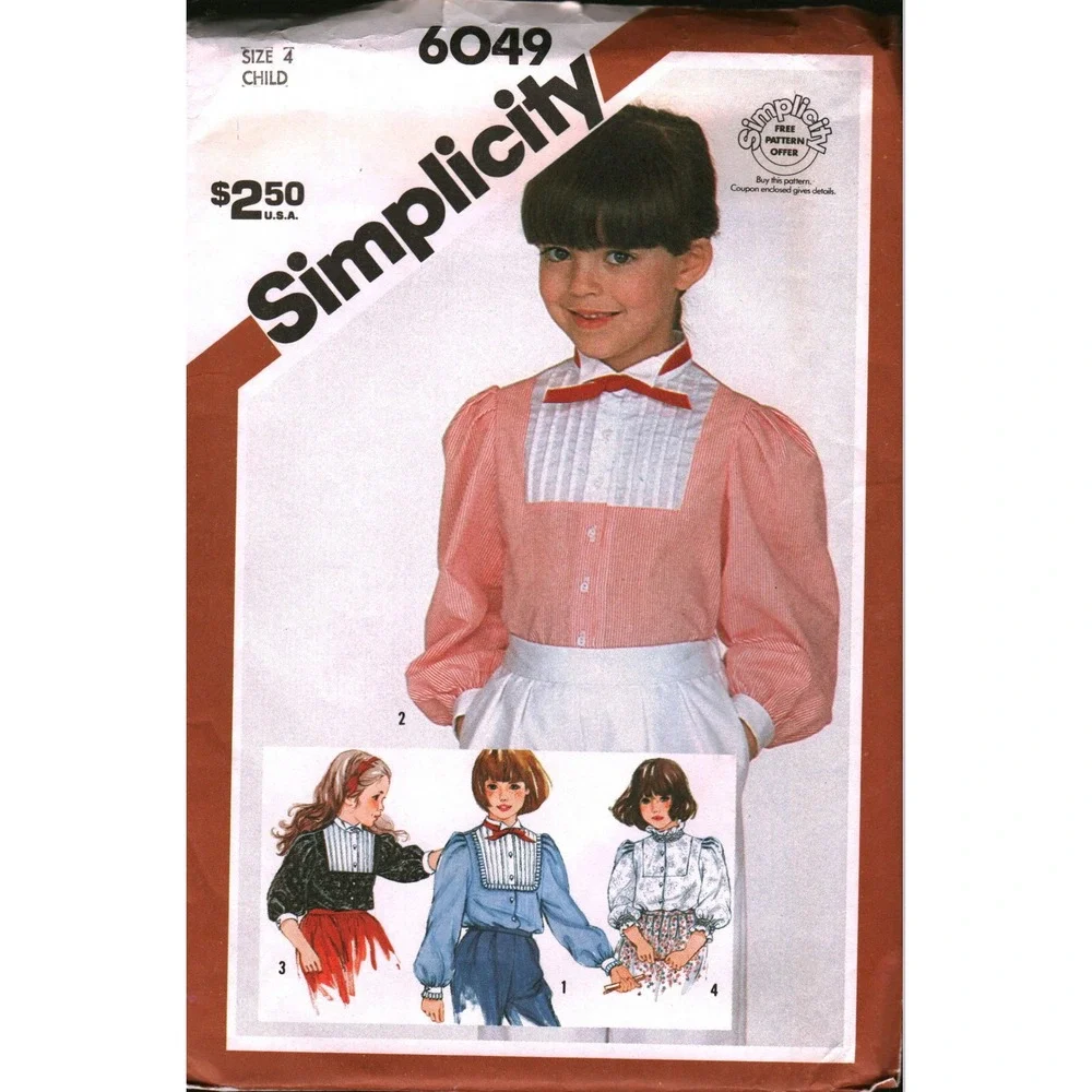 Vintage Simplicity 6049 Child Blouse Sewing Pattern Size 4 Tuxedo Collar Smocked